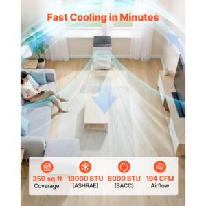 portable air conditioner, 10000 btu ashrae (6000 btu sacc) 3 in 1 standing cooling ac unit, with led touch panel & remote control, 24h timer, cooling, dehumidifier, fan for room indoor, white