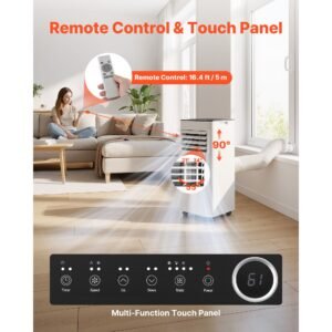 portable air conditioner, 10000 btu ashrae (6000 btu sacc) 3 in 1 standing cooling ac unit, with led touch panel & remote control, 24h timer, cooling, dehumidifier, fan for room indoor, white