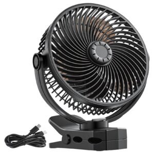 Portable Clip Fan, Rechargeable Clip On Fan, USB Port with 3 Speeds & Circulation Mode, Strong Airflow Sturdy Clamp, Long Runtime for Desk, Golf Cart, Outdoor Camping Treadmill, Office, Black