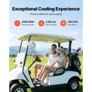 portable clip fan, rechargeable clip on fan, usb port with 3 speeds & circulation mode, strong airflow sturdy clamp, long runtime for desk, golf cart, outdoor camping treadmill, office, white