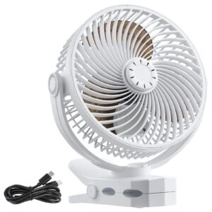 Portable Clip Fan, Rechargeable Clip On Fan, USB Port with 3 Speeds & Circulation Mode, Strong Airflow Sturdy Clamp, Long Runtime for Desk, Golf Cart, Outdoor Camping Treadmill, Office, White