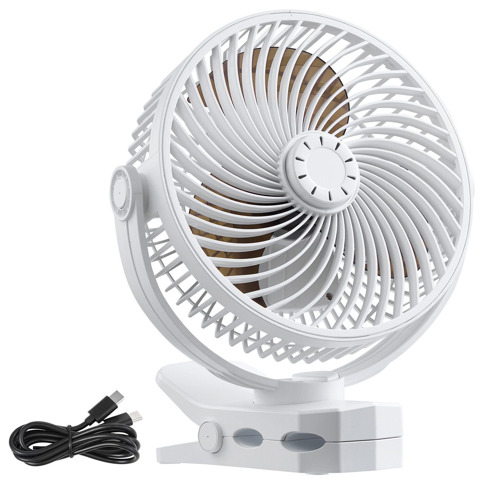 portable clip fan, rechargeable clip on fan, usb port with 3 speeds & circulation mode, strong airflow sturdy clamp, long runtime for desk, golf cart, outdoor camping treadmill, office, white