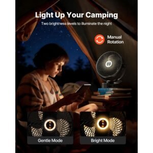 portable clip fan, rechargeable clip on fan with light, usb port with 3 speeds & circulation mode, strong airflow sturdy clamp, long runtime for desk, golf cart,outdoor camping treadmill,black