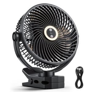 Portable Clip Fan, Rechargeable Clip On Fan with Light, USB Port with 3 Speeds & Circulation Mode, Strong Airflow Sturdy Clamp, Long Runtime for Desk, Golf Cart,Outdoor Camping Treadmill,Black