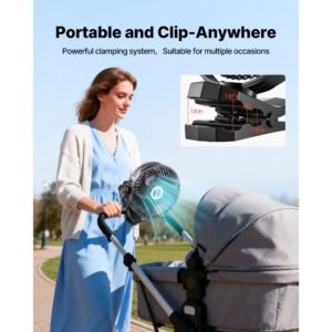 portable clip fan, rechargeable clip on fan with light, usb port with 3 speeds & circulation mode, strong airflow sturdy clamp, long runtime for desk, golf cart,outdoor camping treadmill,black