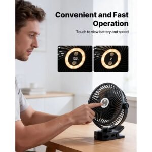 portable clip fan, rechargeable clip on fan with light, usb port with 3 speeds & circulation mode, strong airflow sturdy clamp, long runtime for desk, golf cart,outdoor camping treadmill,black