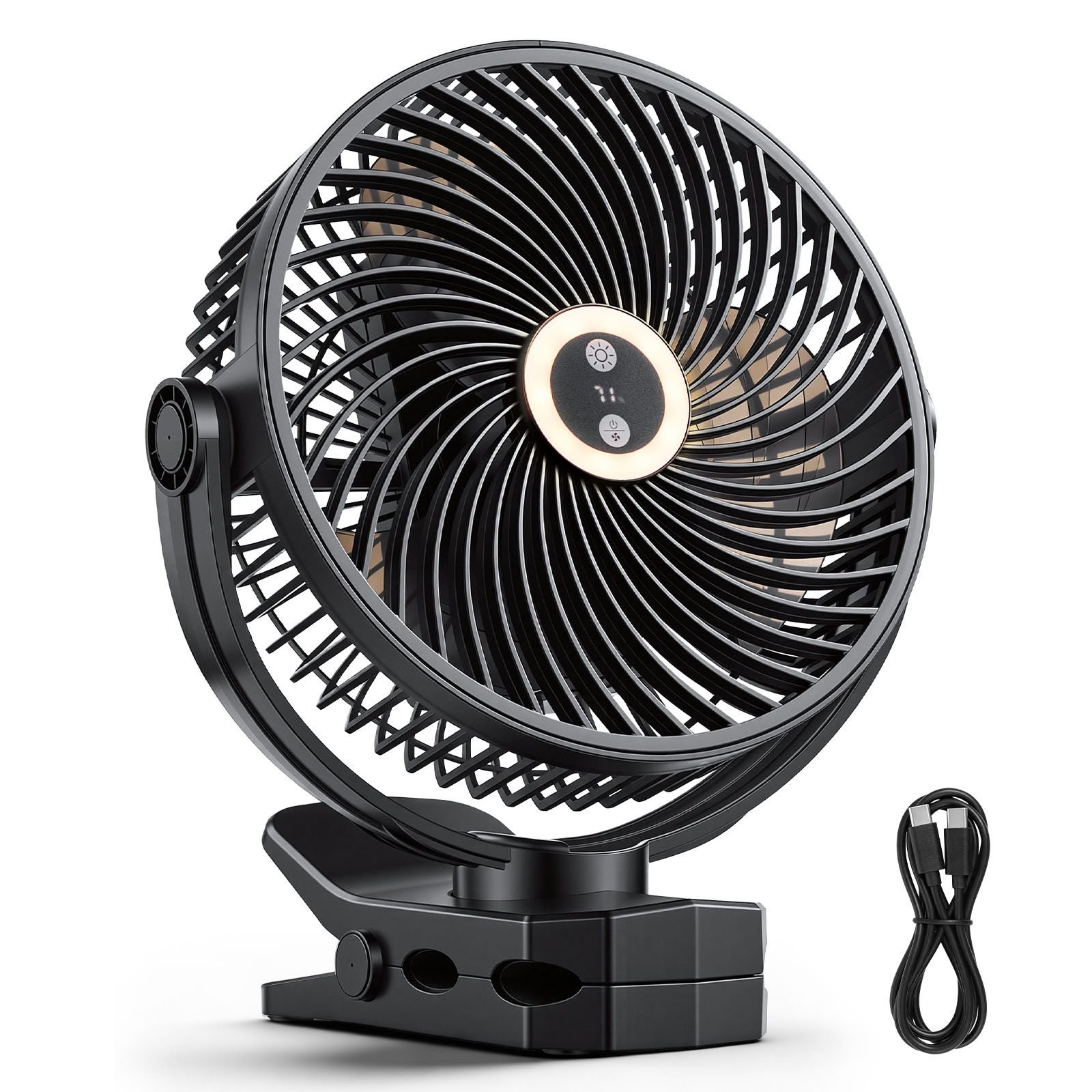 portable clip fan, rechargeable clip on fan with light, usb port with 3 speeds & circulation mode, strong airflow sturdy clamp, long runtime for desk, golf cart,outdoor camping treadmill,black