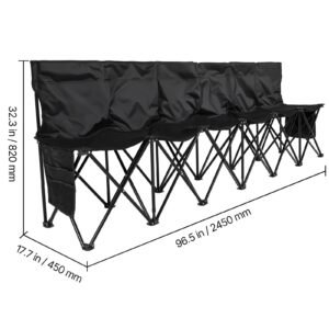 portable folding bench, 6 seat soccer bench with multiple storage pockets & carrying bag, lightweight sideline seating with back rest for football, baseball, camping, outdoor events, black