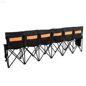 portable folding bench, 6 seat soccer bench with multiple storage pockets & carrying bag, lightweight sideline seating with back rest for football, baseball, camping, outdoor events, black