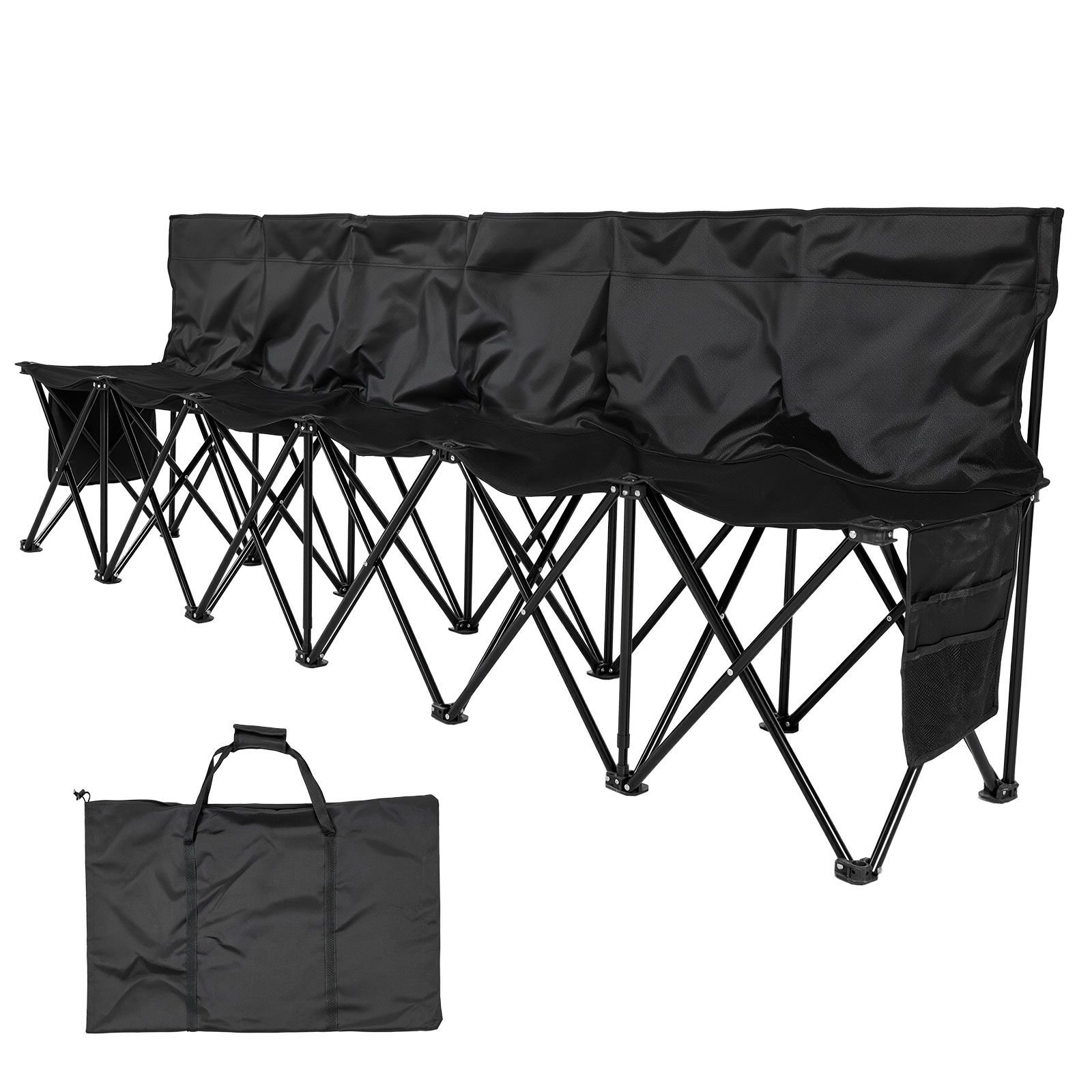 portable folding bench, 6 seat soccer bench with multiple storage pockets & carrying bag, lightweight sideline seating with back rest for football, baseball, camping, outdoor events, black