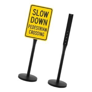 Portable Sign Post, 2-Pack, 4 ft Tall, Metal Sign Stands with Heavy Duty Cast Iron Base, Multi-Hole Design for Easy Installation, Wind-Resistant, for Indoor and Outdoor Parking, Warning, Notice