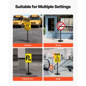 portable sign post, 2 pack, 4 ft tall, metal sign stands with heavy duty cast iron base, multi hole design for easy installation, wind resistant, for indoor and outdoor parking, warning, notice