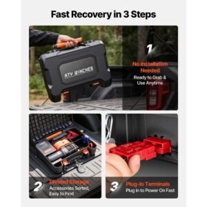 portable winch, 3500 lbs 12v dc electric winch with synthetic rope, wireless & wired remotes, box style recovery kit with fairlead, clevis hook, strap for atv utv off road outdoor pulling tasks