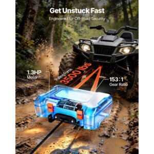 portable winch, 3500 lbs 12v dc electric winch with synthetic rope, wireless & wired remotes, box style recovery kit with fairlead, clevis hook, strap for atv utv off road outdoor pulling tasks