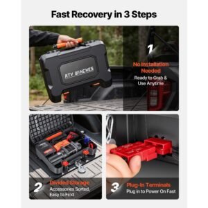 portable winch, 4500 lbs 12v dc electric winch with synthetic rope, wireless & wired remotes, box style recovery kit with fairlead, clevis hook, strap for atv utv off road outdoor pulling tasks