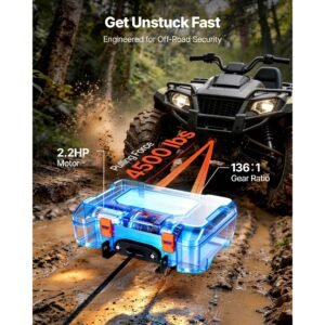 portable winch, 4500 lbs 12v dc electric winch with synthetic rope, wireless & wired remotes, box style recovery kit with fairlead, clevis hook, strap for atv utv off road outdoor pulling tasks