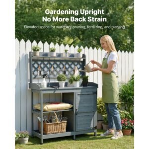 potting bench table, outdoor gardening wooden workstation with storage cabinet, storage shelves, 43 x 18 in wood tabletop, garden planting work station for patio, backyard, balcony, gray