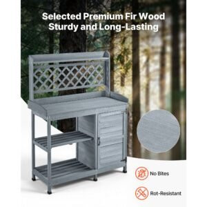 potting bench table, outdoor gardening wooden workstation with storage cabinet, storage shelves, 43 x 18 in wood tabletop, garden planting work station for patio, backyard, balcony, gray