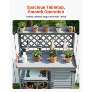 potting bench table, outdoor gardening wooden workstation with storage cabinet, storage shelves, 43 x 18 in wood tabletop, garden planting work station for patio, backyard, balcony, gray