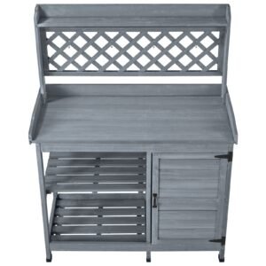 Potting Bench Table, Outdoor Gardening Wooden Workstation with Storage Cabinet, Storage Shelves, 43 x 18 in Wood Tabletop, Garden Planting Work Station for Patio, Backyard, Balcony, Gray