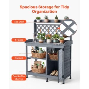 potting bench table, outdoor gardening wooden workstation with storage cabinet, storage shelves, 43 x 18 in wood tabletop, garden planting work station for patio, backyard, balcony, gray