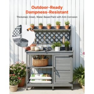 potting bench table, outdoor gardening wooden workstation with storage cabinet, storage shelves, 43 x 18 in wood tabletop, garden planting work station for patio, backyard, balcony, gray