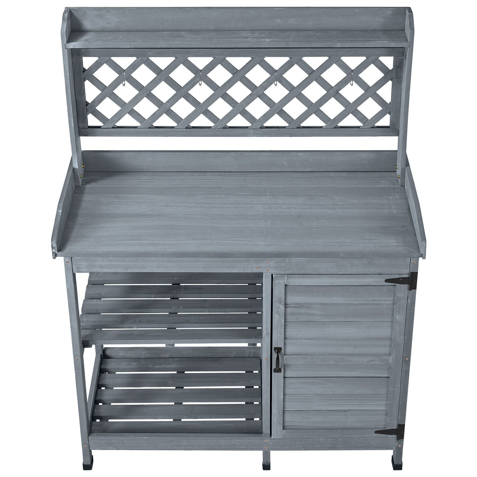 potting bench table, outdoor gardening wooden workstation with storage cabinet, storage shelves, 43 x 18 in wood tabletop, garden planting work station for patio, backyard, balcony, gray
