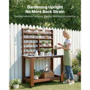 potting bench table, outdoor gardening workstation with 45 x 26 in stainless steel tabletop, storage shelves, 4 casters, hooks, garden planting work station for outside patio, backyard, brown