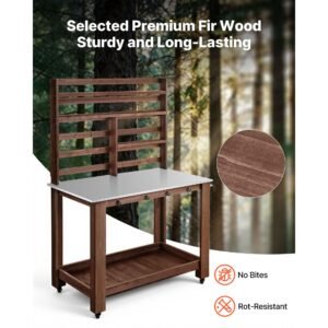 potting bench table, outdoor gardening workstation with 45 x 26 in stainless steel tabletop, storage shelves, 4 casters, hooks, garden planting work station for outside patio, backyard, brown