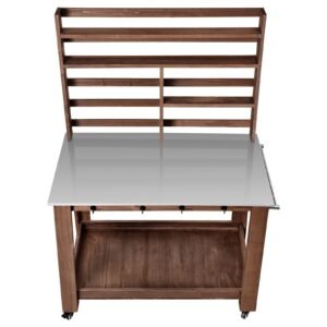 Potting Bench Table, Outdoor Gardening Workstation with 45 x 26 in Stainless Steel Tabletop, Storage Shelves, 4 Casters, Hooks, Garden Planting Work Station for Outside Patio, Backyard, Brown