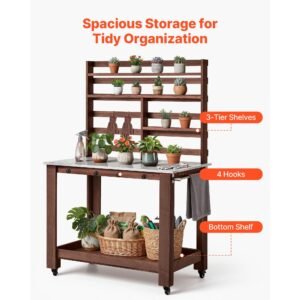 potting bench table, outdoor gardening workstation with 45 x 26 in stainless steel tabletop, storage shelves, 4 casters, hooks, garden planting work station for outside patio, backyard, brown