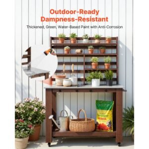 potting bench table, outdoor gardening workstation with 45 x 26 in stainless steel tabletop, storage shelves, 4 casters, hooks, garden planting work station for outside patio, backyard, brown