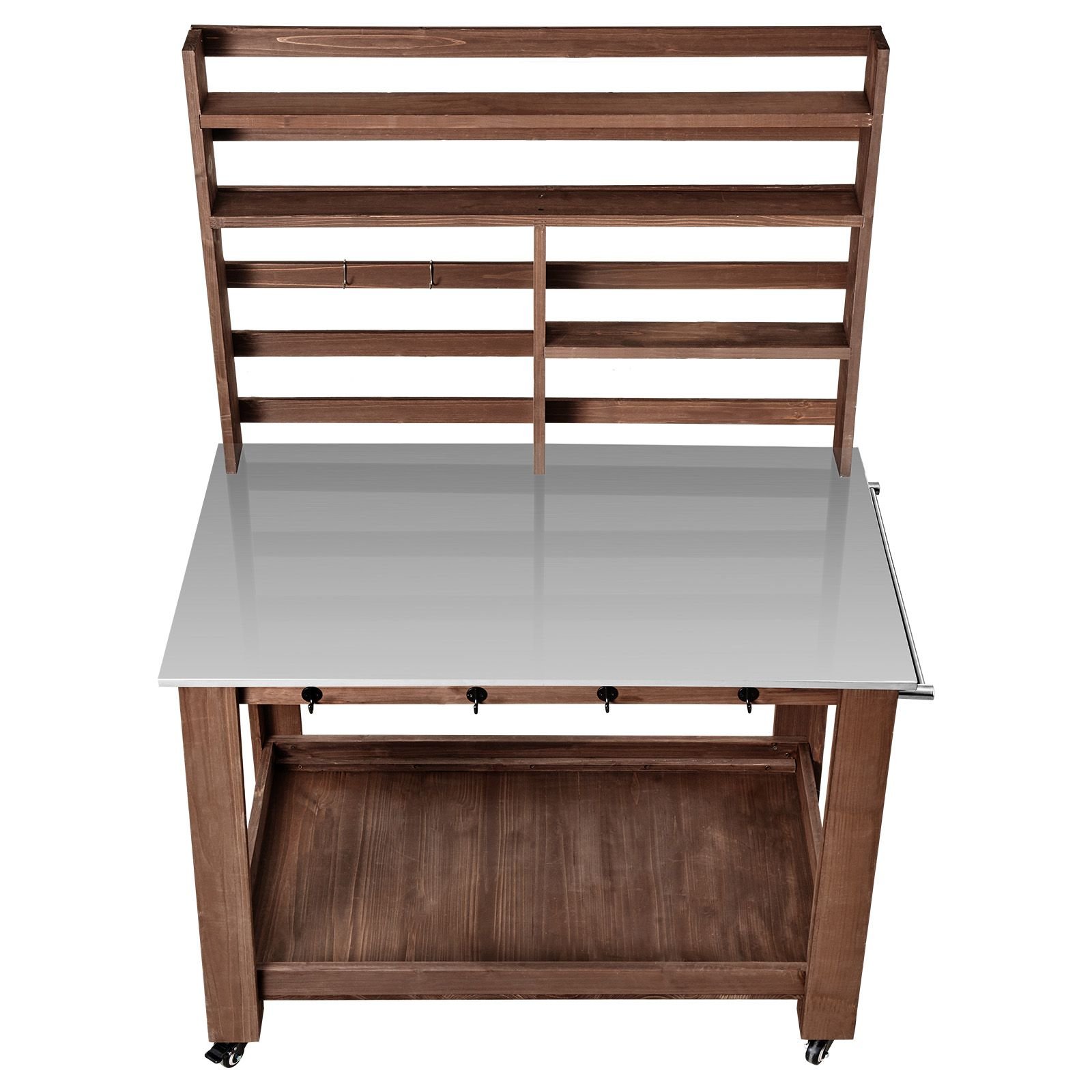 potting bench table, outdoor gardening workstation with 45 x 26 in stainless steel tabletop, storage shelves, 4 casters, hooks, garden planting work station for outside patio, backyard, brown