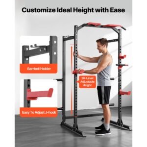 power cage power rack, multifunctional barbell squat rack with adjustable height, home gym strength training workout equipment with j hooks & more fitness attachment for bench press pull up dips