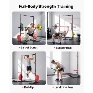 power cage rack, multifunctional squat rack for home gym, width adjustable workout strength training equipment with 6 band pegs, landmine attachment & safety bars for bench press squats pull up