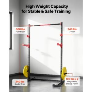 power cage rack, multifunctional squat rack for home gym, width adjustable workout strength training equipment with 6 band pegs, landmine attachment & safety bars for bench press squats pull up