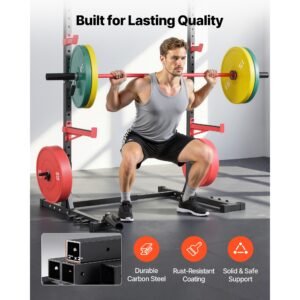 power cage rack, multifunctional squat rack for home gym, width adjustable workout strength training equipment with 6 band pegs, landmine attachment & safety bars for bench press squats pull up