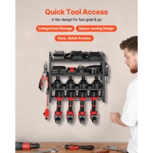 power tool organizer wall mount, 4 layer storage rack with 4 drill holders, tools holder and storage rack with screwdriver holder, garage tool organizer for garage, workbench, and workshop