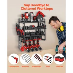 power tool organizer wall mount, 4 layer storage rack with 4 drill holders, tools holder and storage rack with screwdriver holder, garage tool organizer for garage, workbench, and workshop