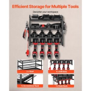 power tool organizer wall mount, 4 layer storage rack with 4 drill holders, tools holder and storage rack with screwdriver holder, garage tool organizer for garage, workbench, and workshop