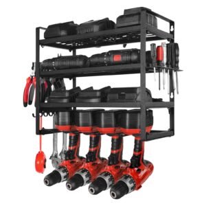 Power Tool Organizer Wall Mount, 4-Layer Storage Rack with 4 Drill Holders, Tools Holder and Storage Rack with Screwdriver Holder, Garage Tool Organizer for Garage, Workbench, and Workshop