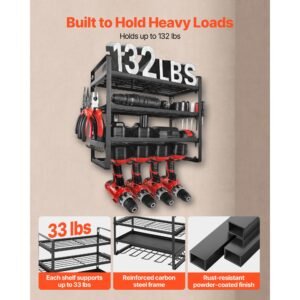 power tool organizer wall mount, 4 layer storage rack with 4 drill holders, tools holder and storage rack with screwdriver holder, garage tool organizer for garage, workbench, and workshop