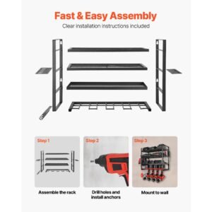 power tool organizer wall mount, 4 layer storage rack with 4 drill holders, tools holder and storage rack with screwdriver holder, garage tool organizer for garage, workbench, and workshop