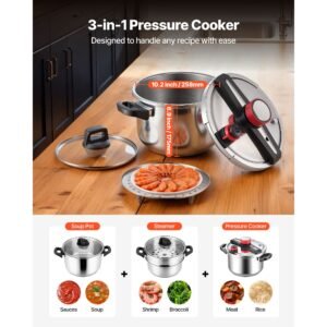 pressure cooker, 10qt pressure cooker stainless steel, pressures canner with steaming rack, tempered glass lid, three pressures settings for meat, beans, rice, soup, sauces, cook up to 100 kpa