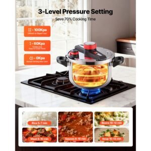 pressure cooker, 10qt pressure cooker stainless steel, pressures canner with steaming rack, tempered glass lid, three pressures settings for meat, beans, rice, soup, sauces, cook up to 100 kpa