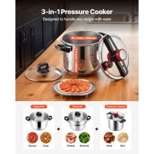 pressure cooker, 12qt pressure cooker stainless steel, pressures canner with steaming rack, tempered glass lid, three pressures settings for meat, beans, rice, soup, sauces, cook up to 100 kpa