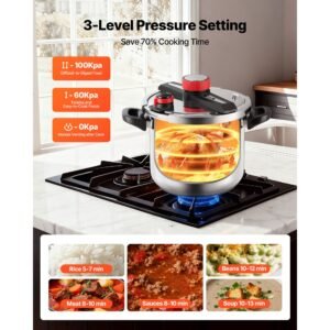 pressure cooker, 12qt pressure cooker stainless steel, pressures canner with steaming rack, tempered glass lid, three pressures settings for meat, beans, rice, soup, sauces, cook up to 100 kpa