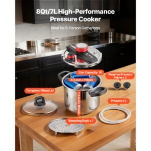 pressure cooker, 8qt pressure cooker stainless steel, pressures canner with steaming rack, tempered glass lid, three pressures settings for meat, beans, rice, soup, sauces, cook up to 100 kpa