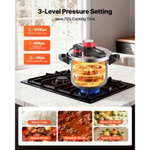 pressure cooker, 8qt pressure cooker stainless steel, pressures canner with steaming rack, tempered glass lid, three pressures settings for meat, beans, rice, soup, sauces, cook up to 100 kpa