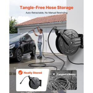 pressure washer hose reel, 50 ft x 3/8 inch retractable power heavy duty steel washer hose reel, 4000psi max, auto rewinding, flexible wall/floor mounted for car washing,garden,floor cleaning